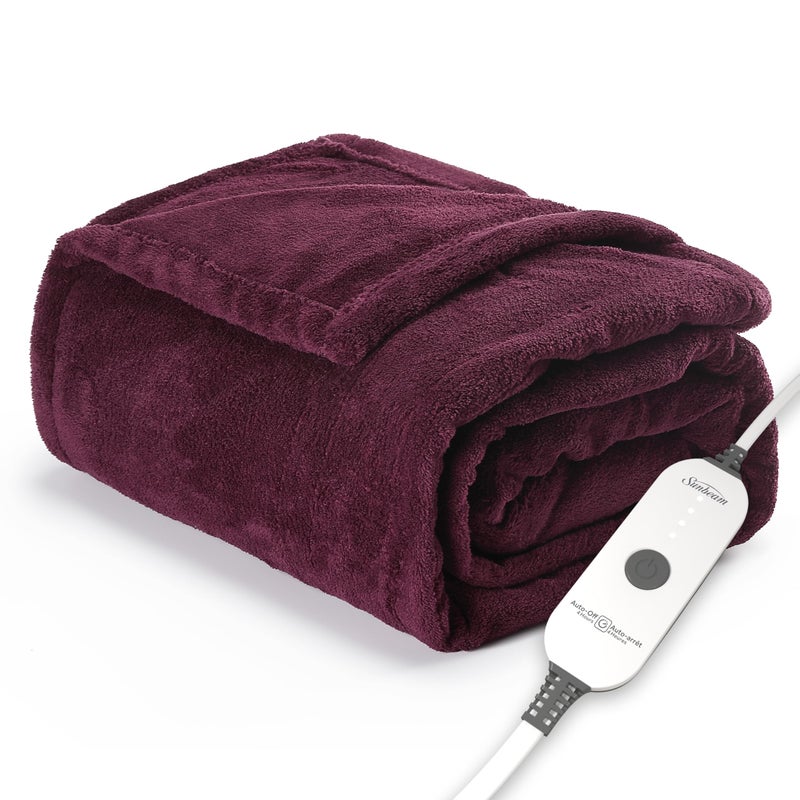 Sunbeam Electric Throw Royal Luxe Microplush Heated Blanket, 4 Heat Settings, 4-Hour Auto Shut-Off, Fast Heating, Warm and Cozy, Cabernet Red Color, 50" x 60" - Image 1